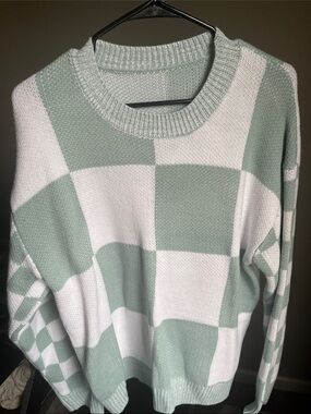 Checkerboard Crewneck Sweater - Blue/Green & White